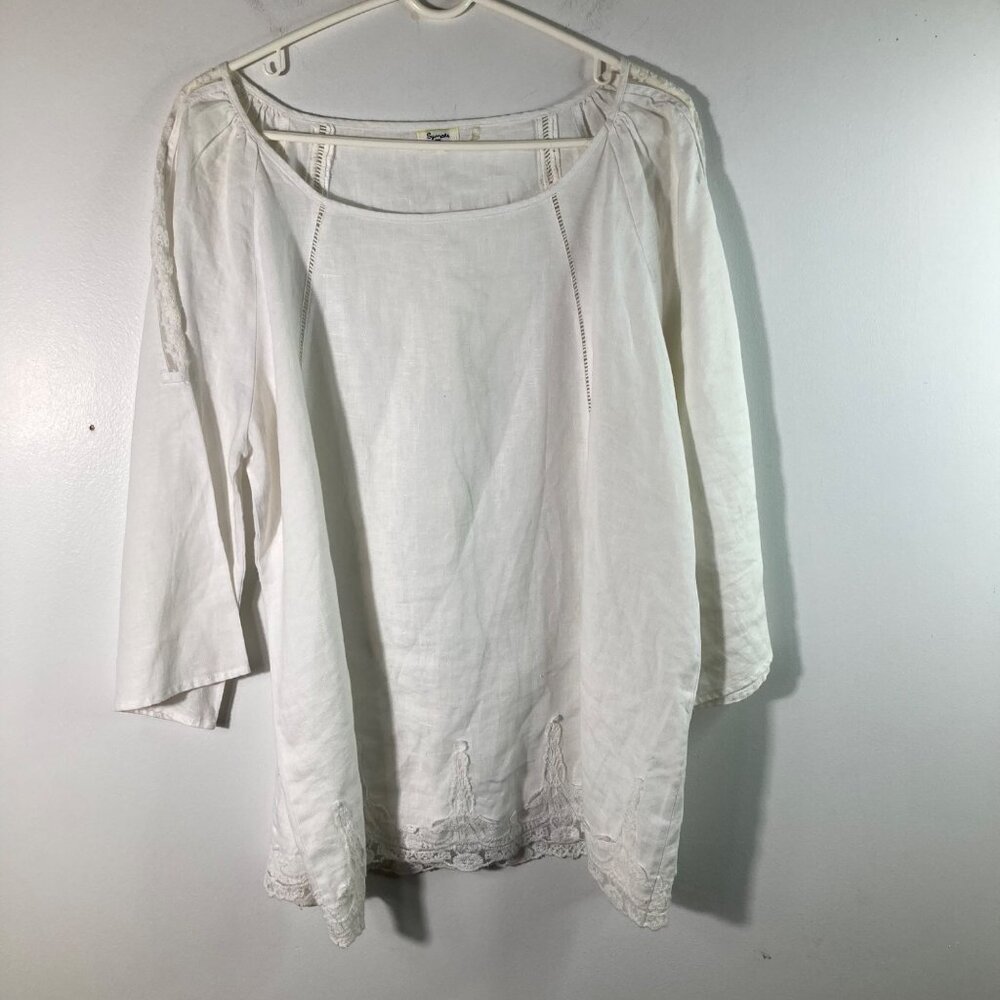 Womens Symple NYC Linen Tunic‎ Blouse 3/4 Bell Sleeve Embroidered Lace L/XLWhite